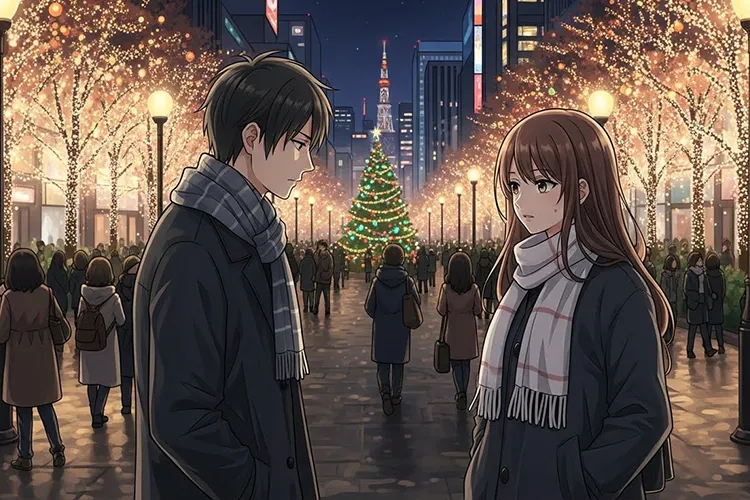 クリスマスのイルミネーションに包まれた街中で、深刻な話し合いをする男女のカップル