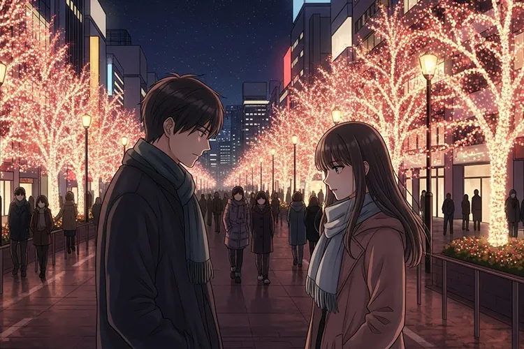 クリスマスのイルミネーションに包まれた街中で、深刻な話し合いをする男女のカップル