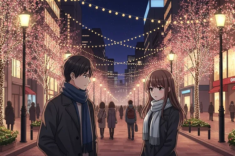 クリスマスのイルミネーションに包まれた街中で、深刻な話し合いをする男女のカップル