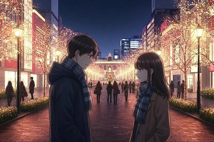 クリスマスのイルミネーションに包まれた街中で、深刻な話し合いをする男女のカップル