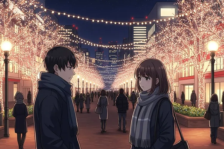 クリスマスのイルミネーションに包まれた街中で、深刻な話し合いをする男女のカップル