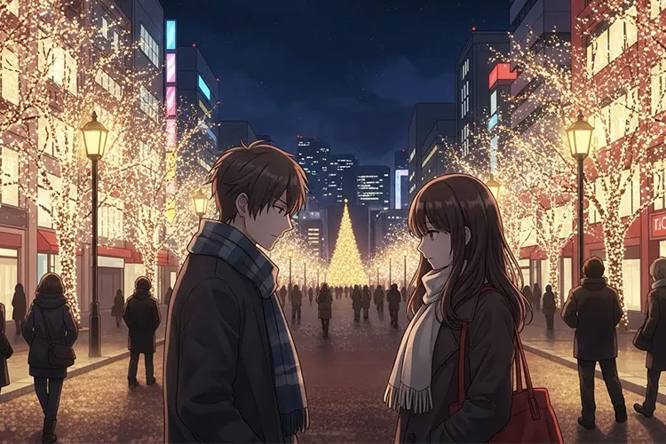 クリスマスのイルミネーションに包まれた街中で、深刻な話し合いをする男女のカップル