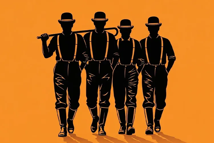 オレンジ色の背景に、シルクハットをかぶった4人の男性のシルエットが並んで歩いている様子