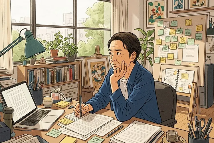 明るいクリエイティブな作業空間で、脚本の前に座り物語のリアルさについて考え込む脚本家のイラスト