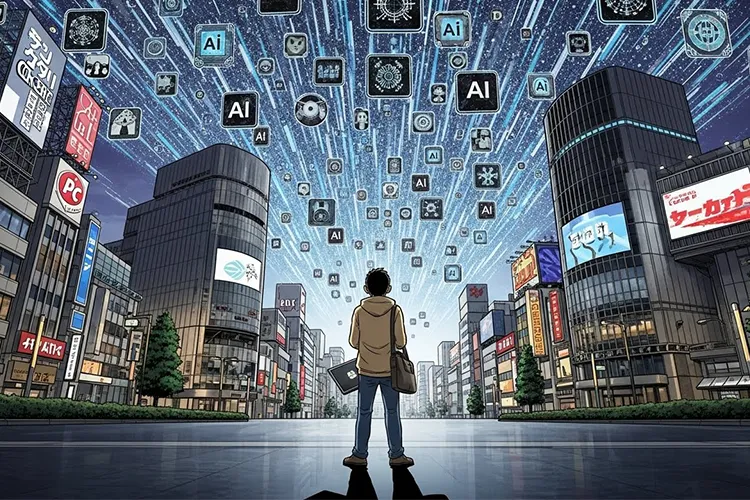 AI時代の波に立ち向かうフリーランスを劇画タッチで描いたイラスト