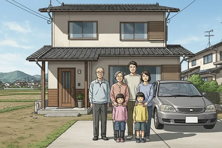 福井県の堅実な暮らしを象徴する、手入れの行き届いた一戸建て住宅の前に立つ三世代家族の様子