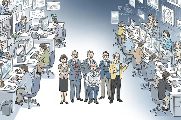 AI時代における仕事と職業の変化を、判断や役割の移行という視点から描いた編集的イラスト