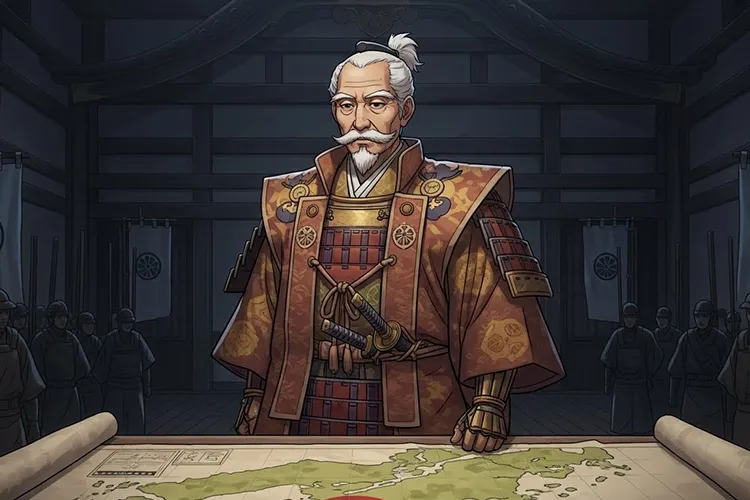 もし豊臣秀吉が10年長生きしていたらという歴史の分岐点を、思索する秀吉の姿で象徴的に描いたイラスト