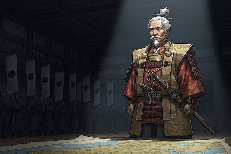 もし豊臣秀吉が10年長生きしていたらという歴史の分岐点を、思索する秀吉の姿で象徴的に描いたイラスト