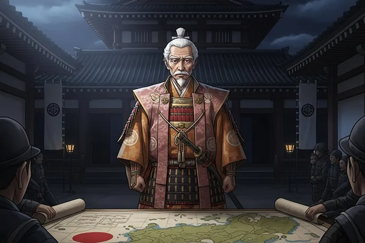 もし豊臣秀吉が10年長生きしていたらという歴史の分岐点を、思索する秀吉の姿で象徴的に描いたイラスト