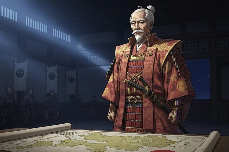 もし豊臣秀吉が10年長生きしていたらという歴史の分岐点を、思索する秀吉の姿で象徴的に描いたイラスト