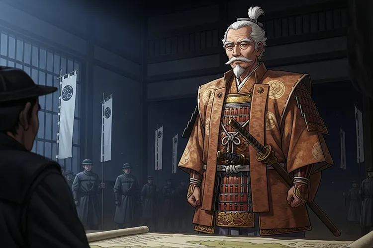 もし豊臣秀吉が10年長生きしていたらという歴史の分岐点を、思索する秀吉の姿で象徴的に描いたイラスト