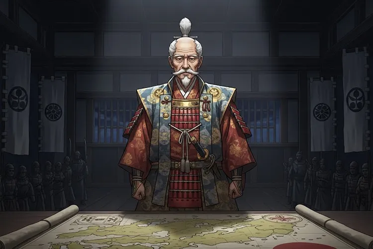 もし豊臣秀吉が10年長生きしていたらという歴史の分岐点を、思索する秀吉の姿で象徴的に描いたイラスト