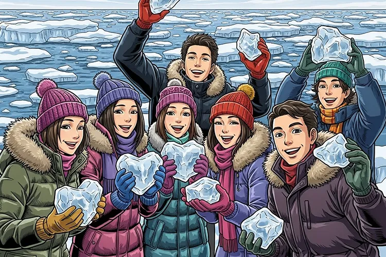 流氷が浮かぶ冬の海岸で、数人の観光客が氷を手に取りながら笑顔で楽しんでいる様子