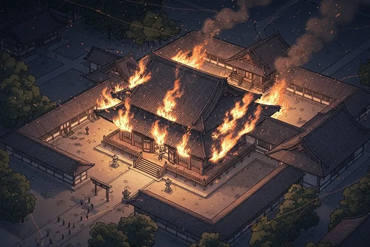 上空から俯瞰した夜の本能寺が炎に包まれる様子を描いた、日本史の転換点を象徴するイラスト