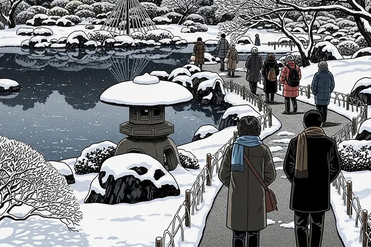 雪に包まれた兼六園を静かに歩く観光客の姿