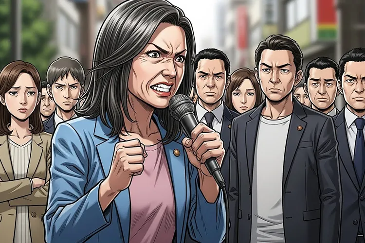 街頭演説を行う白髪まじりの女性候補者と、呆れた表情で見つめる聴衆を描いた劇画タッチのイラスト