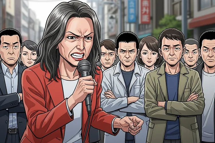 街頭演説を行う白髪まじりの女性候補者と、呆れた表情で見つめる聴衆を描いた劇画タッチのイラスト