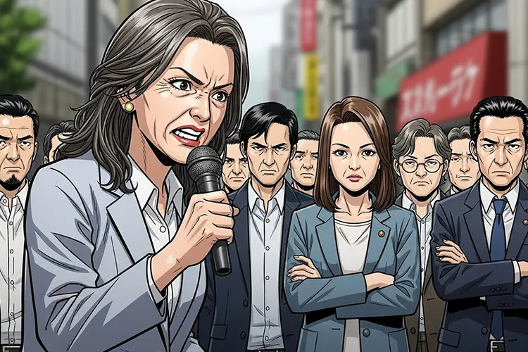 街頭演説を行う白髪まじりの女性候補者と、呆れた表情で見つめる聴衆を描いた劇画タッチのイラスト