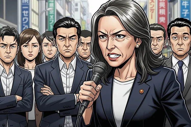 街頭演説を行う白髪まじりの女性候補者と、呆れた表情で見つめる聴衆を描いた劇画タッチのイラスト