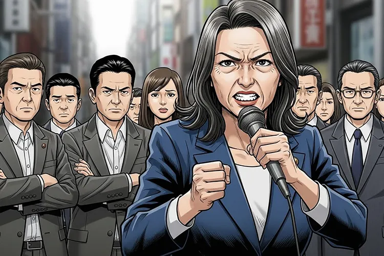 街頭演説を行う白髪まじりの女性候補者と、呆れた表情で見つめる聴衆を描いた劇画タッチのイラスト