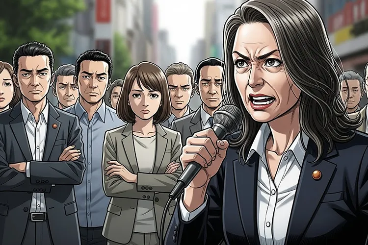 街頭演説を行う白髪まじりの女性候補者と、呆れた表情で見つめる聴衆を描いた劇画タッチのイラスト