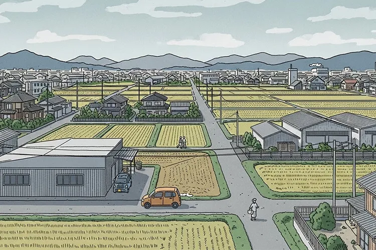 内陸部の日本の郊外で、静かに生活と産業が続いている様子を描いたイラスト