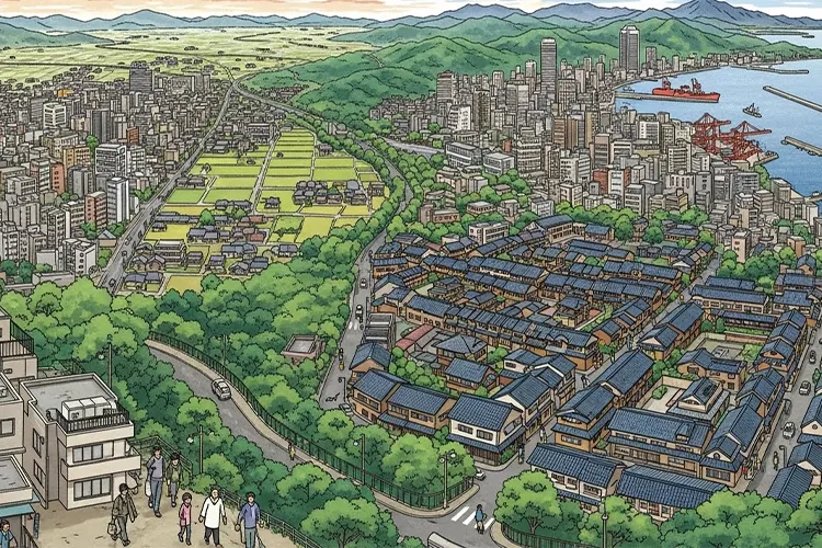 関西の都市・海・山が近接する地理構造を描いた、関西移住の幸福度を考えるためのイメージイラスト