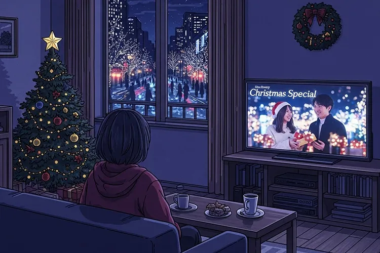 日本のクリスマスの夜、イルミネーションに包まれた街を背景に、リビングで一人テレビを見つめる人物の後ろ姿