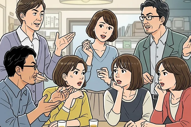 九州を象徴する7人の日本人が、カフェのような室内空間で身振り手振りを交えながら活発に意見を交わしている劇画調イラスト