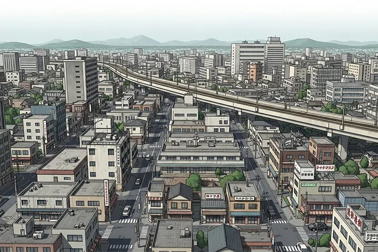 地方都市の衰退構造を象徴する、静かな日本の街並みを描いたイラスト