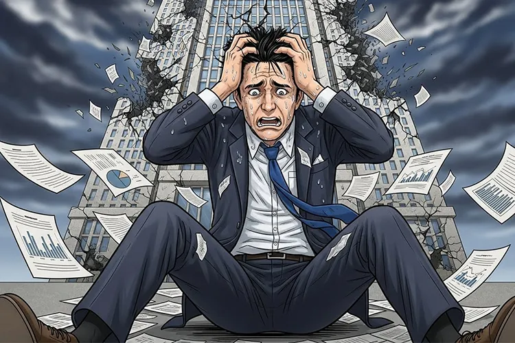 みんなで大家さんの問題を象徴する、劇画タッチで絶望する投資家と崩れかけたビルのイラスト