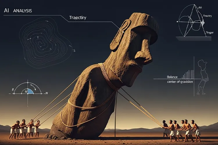 縄で引かれながら“歩くように運ばれるモアイ像のイラスト