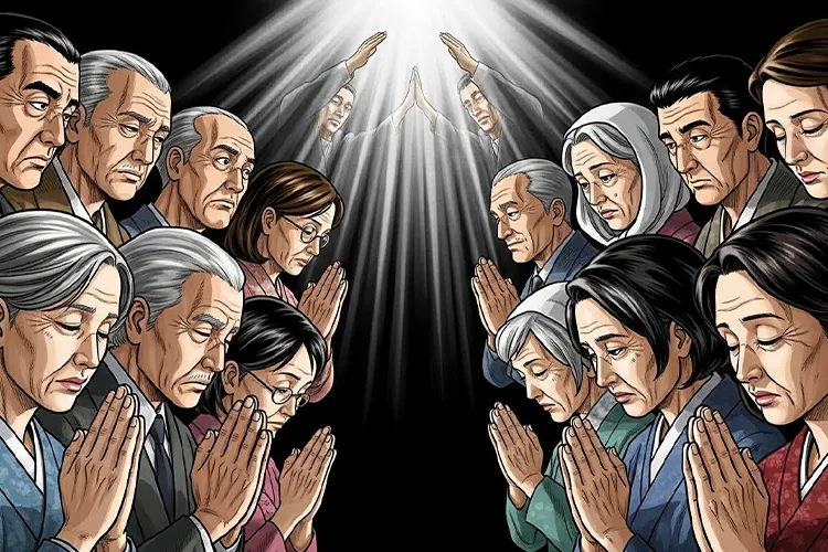 一神教と多神教の違いを、祈る人々の構図で象徴的に描いた劇画イラスト