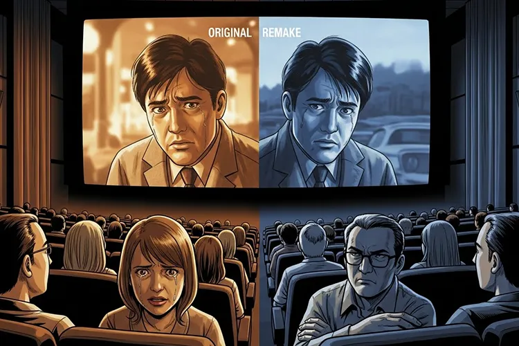 映画リメイク作品を同じスクリーンで観ながら評価が分かれる観客の反応を描いたハリウッド風劇画タッチのイラスト