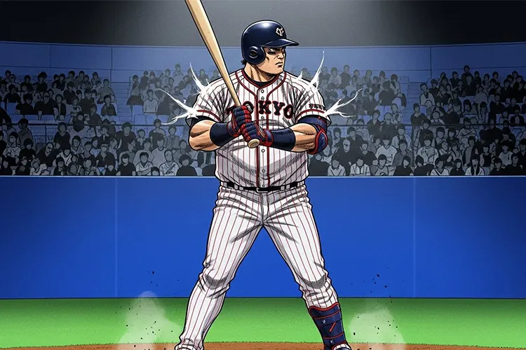 劇画タッチで描かれた球場風景の中、左打者がバッターボックスで構える広角イラスト