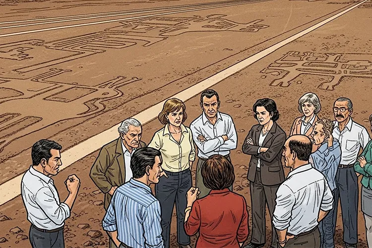 ナスカ砂漠に描かれた地上絵を前に、人々が議論し考察する様子を描いた劇画調イラスト