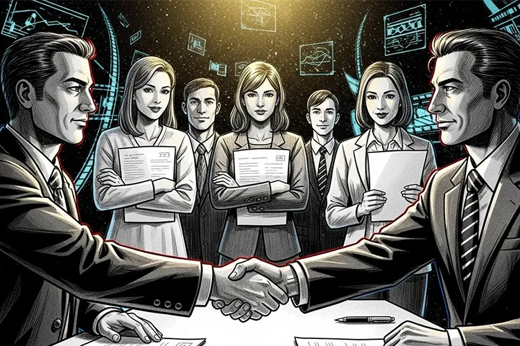 劇画タッチで描かれた企業提携の握手シーンのイラスト。