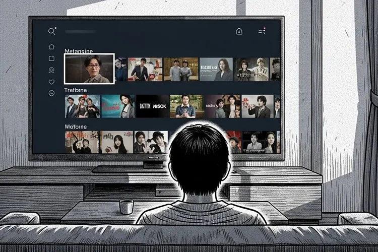 明るいリビングで、動画配信サービス風の画面が映るテレビを背後から見つめる人物を描いた劇画タッチのイラスト