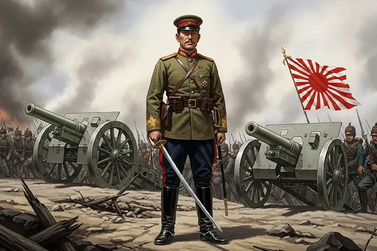 日露戦争の旅順攻囲戦を背景に、乃木希典が戦場で指揮を執る姿を描いた歴史的イラスト。