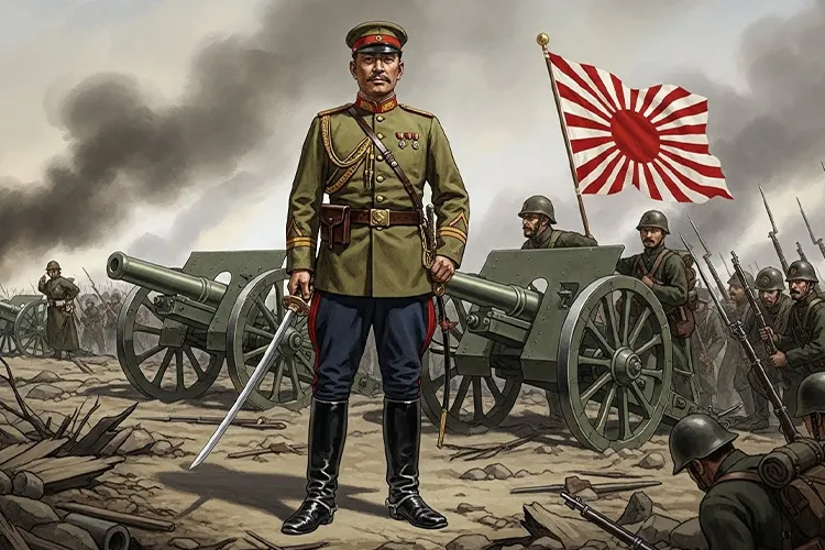 日露戦争の旅順攻囲戦を背景に、乃木希典が戦場で指揮を執る姿を描いた歴史的イラスト。