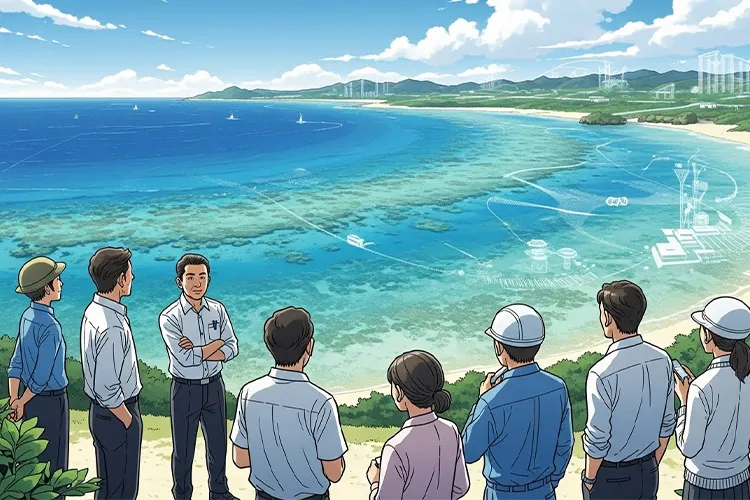 沖縄の美しい海岸線とサンゴ礁を背景に、観光に関わる人々が静かに語り合いながら未来の方向を見つめる様子を描いたイラスト。自然の風景に溶け込むように、データやテクノロジーを象徴する抽象的な光の表現が添えられ、沖縄観光のこれからを思索的に表現している。