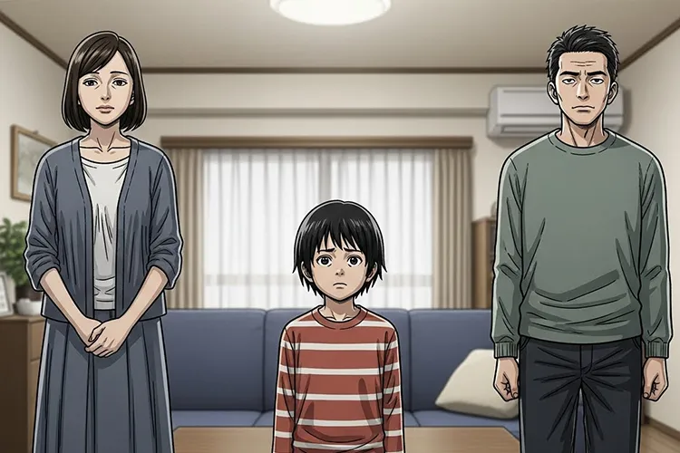 家庭内での選択と影響を象徴する、両親の間に立ち戸惑う子どもを描いた劇画調の日本人家族イラスト