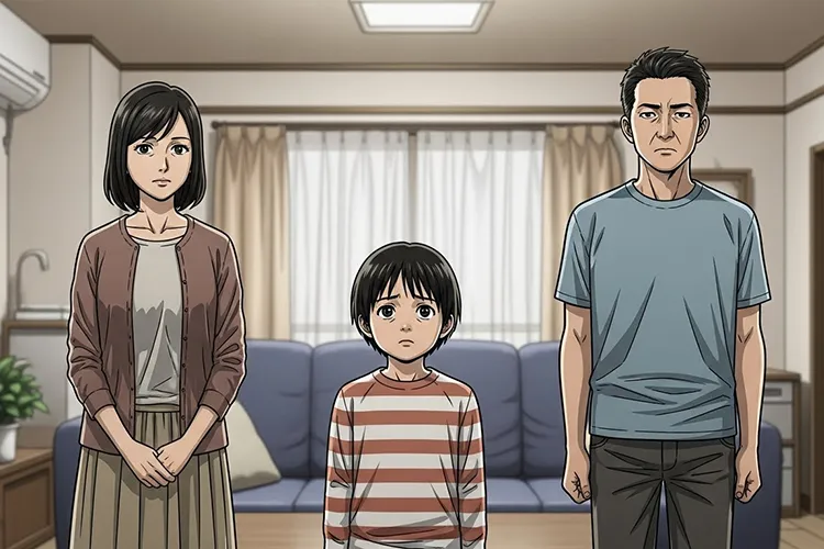 家庭内での選択と影響を象徴する、両親の間に立ち戸惑う子どもを描いた劇画調の日本人家族イラスト