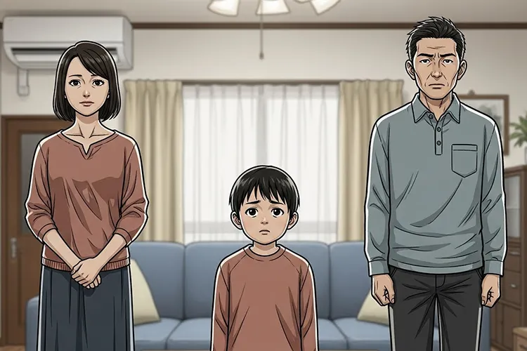 家庭内での選択と影響を象徴する、両親の間に立ち戸惑う子どもを描いた劇画調の日本人家族イラスト