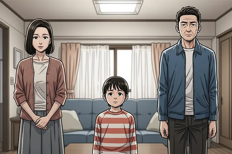 家庭内での選択と影響を象徴する、両親の間に立ち戸惑う子どもを描いた劇画調の日本人家族イラスト