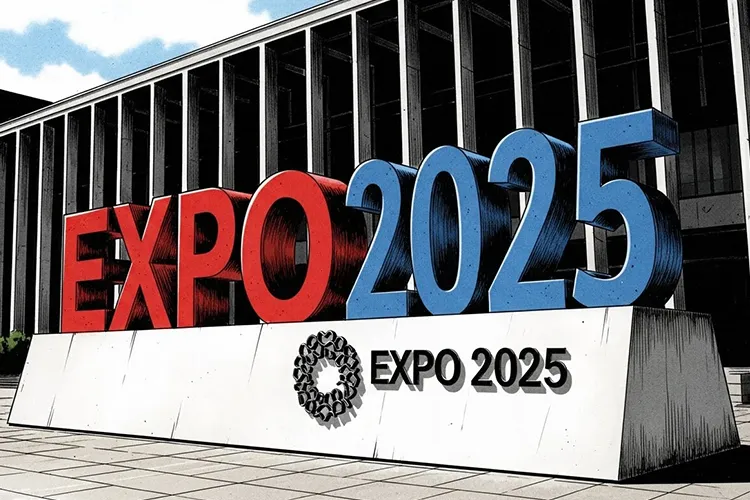 XPO 2025のロゴ monument の劇画風イラスト