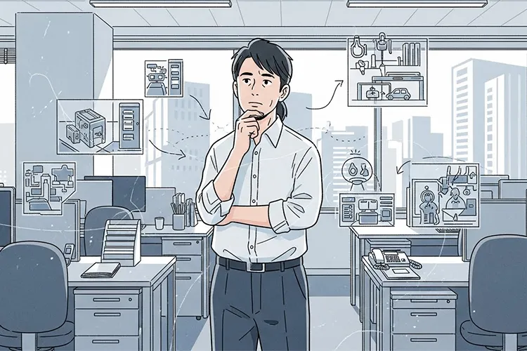 正社員の安定性について考える現代日本のオフィス風景のイラスト