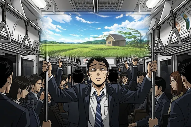 満員電車で疲れたサラリーマンが田舎を思い浮かべる劇画風アニメイラスト