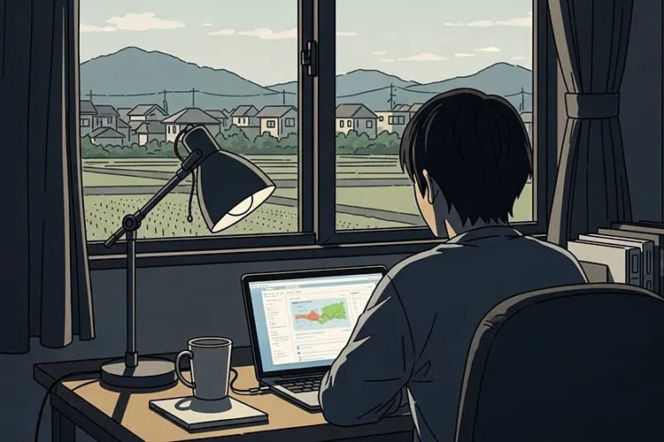 リモートワーク普及後の日本で、地方や郊外の自宅から仕事をしながら過去の選択を振り返る人物のイメージ